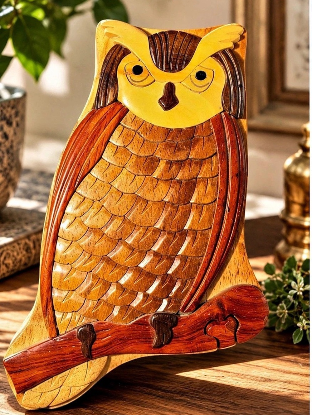 Hand Carved Wood Owl Puzzle Box Intarsia Secret Compartment Vietnam